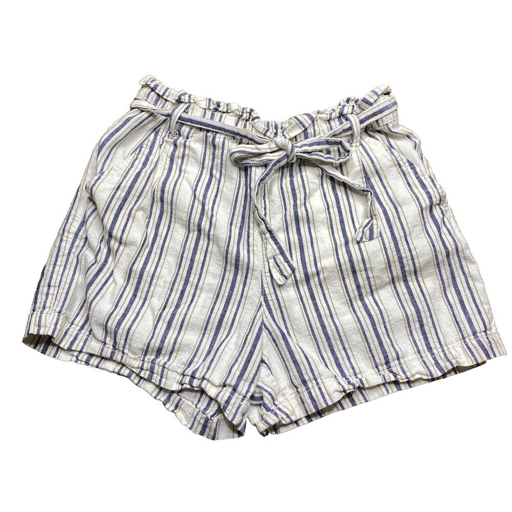 a.n.a Women's Pull-On Shorts Small Linen Blend High Rise Striped Navy Ivory